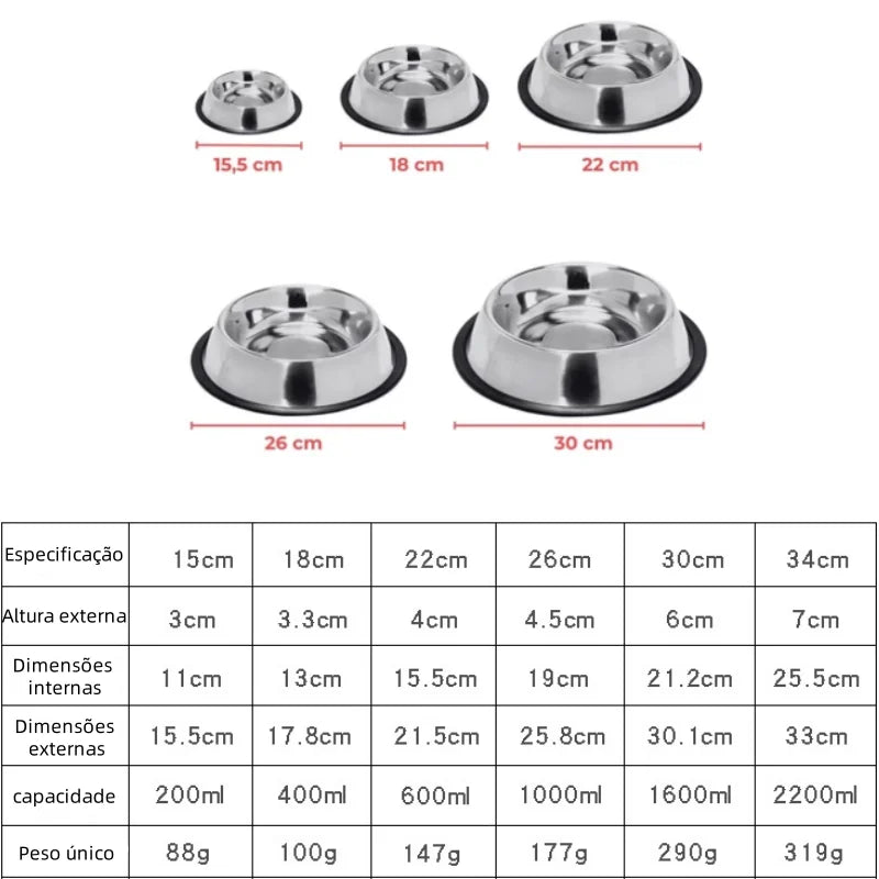 Comedouro/Bebedouro Inox para Cães e Gatos com Base Antiderrapante – 150ml a 1400ml