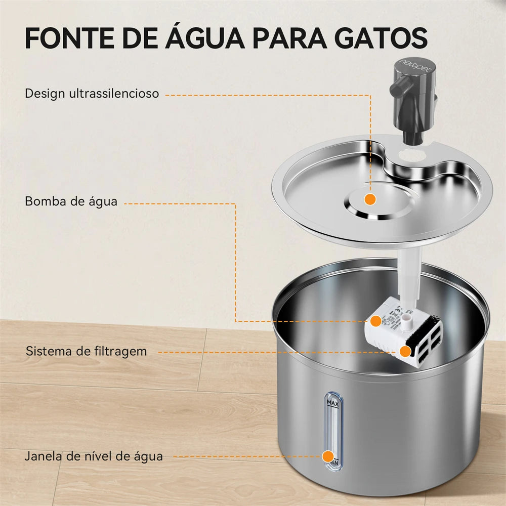 Bebedouro Automático para Gatos e Cães Newpet 3L – Aço Inoxidável, Ultra Silencioso com Filtro
