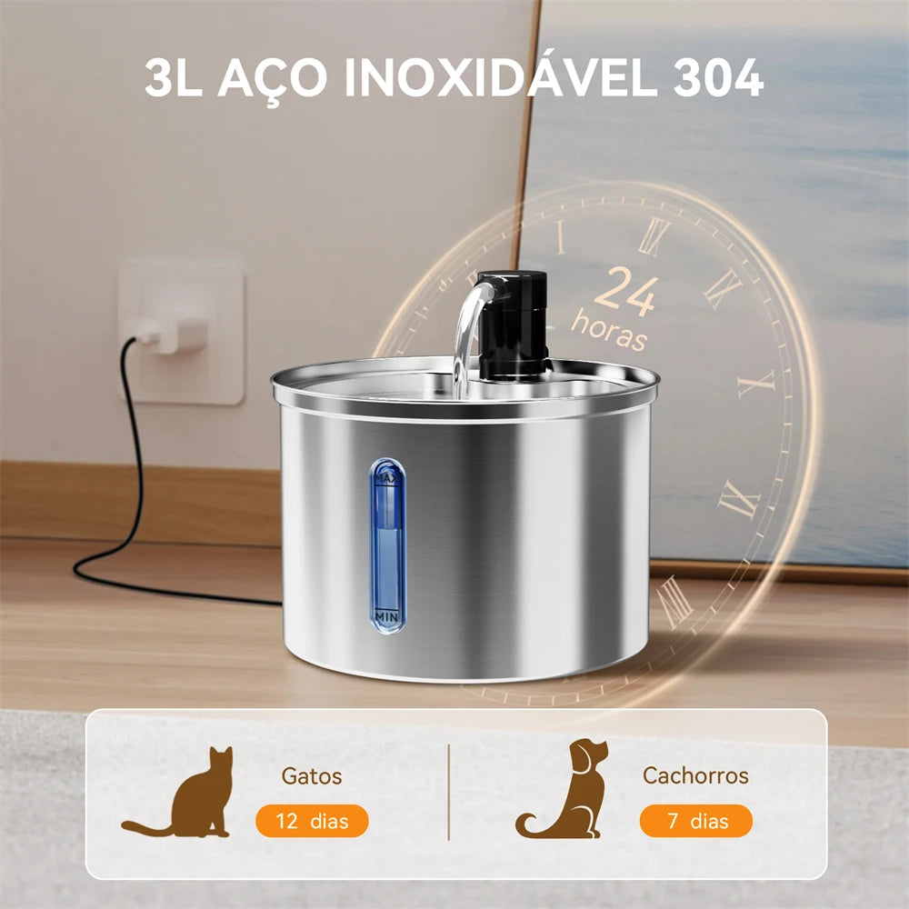 Bebedouro Automático para Gatos e Cães Newpet 3L – Aço Inoxidável, Ultra Silencioso com Filtro