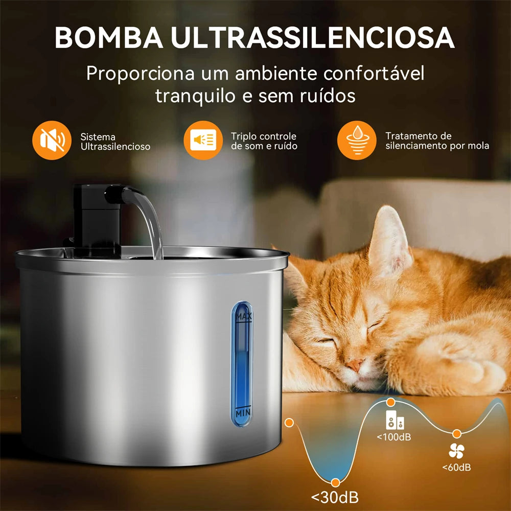 Bebedouro Automático para Gatos e Cães Newpet 3L – Aço Inoxidável, Ultra Silencioso com Filtro