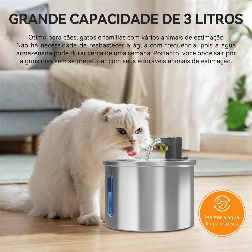 Bebedouro Automático para Gatos e Cães Newpet 3L – Aço Inoxidável, Ultra Silencioso com Filtro